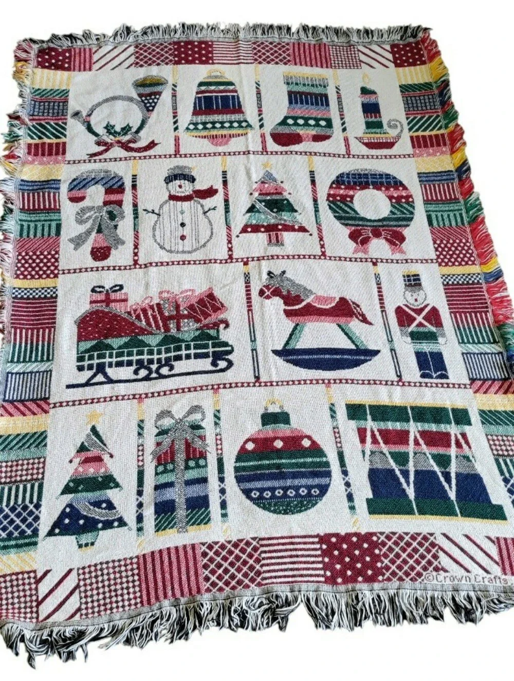 Vintage 90s Crown Crafts Holiday Fringe Tapestry Throw Blanket